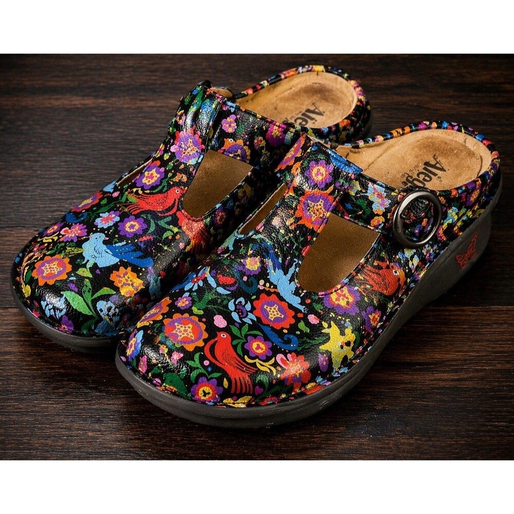 Alegria DCN-543 Mule Clogs EU 38 Bird Floral Print Leather Comfort Shoes